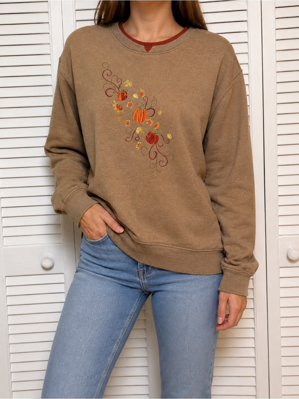 Chastin & Smith Pumpkin Sweatshirt Womens Embroidered Fall Autumn Cottagecore L